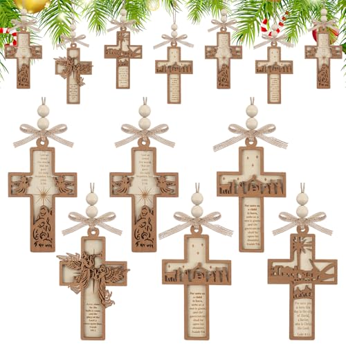Vercraft 24 Pcs Wooden Cross Christian Christmas Ornaments, Vintage Style