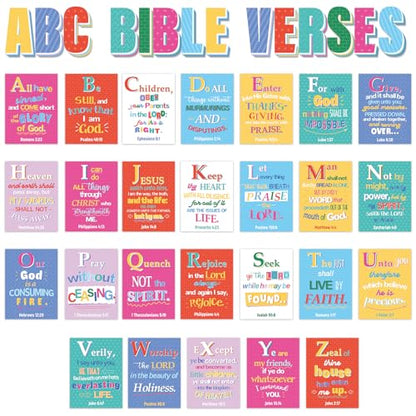 29Pcs ABC Bible Verse Poster Christian Scripture Bulletin Board Sunday School Classroom Decorations Religious Inspirational Quotes Poster for Back to School Church VBS Classroom Home Wall Decor