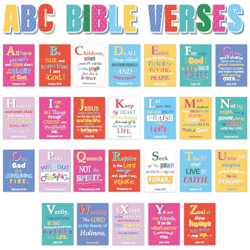 29Pcs ABC Bible Verse Poster Christian Scripture Bulletin Board Sunday School Classroom Decorations Religious Inspirational Quotes Poster for Back to School Church VBS Classroom Home Wall Decor