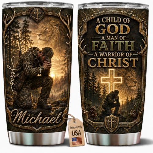 Personalized Christian Gifts For Men - A Child Of God Faith Warrior Christ Man Tumbler V7 - Religious Bible Gifts For Husband, Dad, Grandpa on Fathers Day, Christmas, Birthday - color: CH-VAR-07
