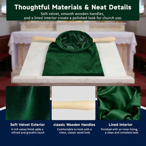 2 Pack Church Offering Bags with Wooden Handles, Deep Green Velvet Tithe Collection Bags with Neat Open Shape, Lined Interior, for Worship Service, Church Giving, Tithes and Donation Collection