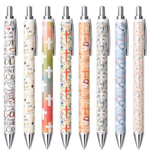 8PC Christian Pens Aesthetic Black Ink Inspirational Faith Trust Devotional Motivational Pray Pen Scripture Uplifting Sayings Bible Study Supplies Writing Journaling Gifts For Men Women Teachers - style: Christian