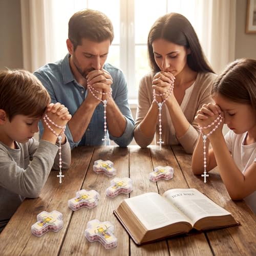 12 Set Saint St Jude Baptism Favor Bead Rosary Cross Necklace, Pink - color: Pink