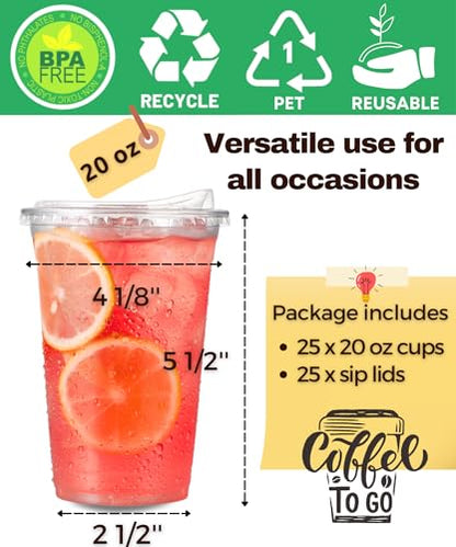 20 oz Clear Plastic Cups with Strawless-Sip-Lids, 25 Sets Disposable Cup Plastic Iced Coffee Cups, To Go Cup with Sip Through Lids for Smoothie, Milkshake, Cold Drinks for Party, Wedding, Event - size: 20 oz Regular