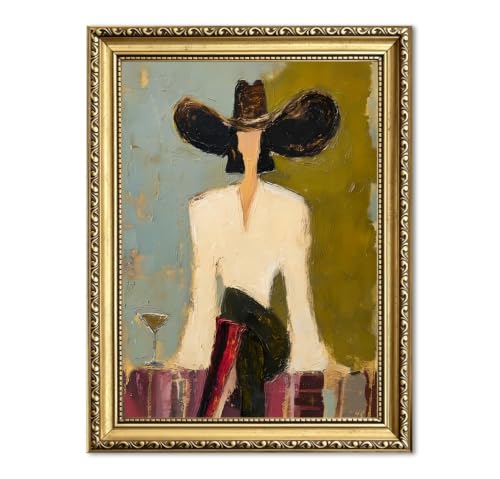 Vintage Western Cowgirl Wall Art, Abstract Cowboy Martini Wall Decor Painting Southwestern Woman Canvas Print Picture for Living Room Bedroom Bar 12x16 Inch Gold Framed - color: Cowboy-W, size: 16"L x 12"W