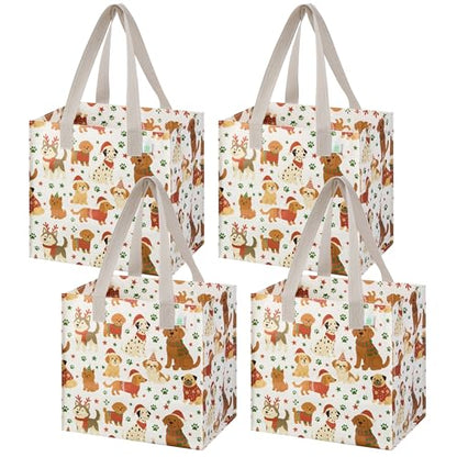 VENO 4 Pack Large Grocery Bag Reusable Shopping Bags with Hard Bottom - color: Holiday Pups - 4 Pack