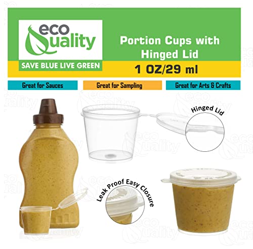 EcoQuality 1oz Plastic Condiment Souffle Cups with Attached Lids, 50 Packs