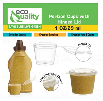 EcoQuality 1oz Plastic Condiment Souffle Cups with Attached Lids, 50 Packs
