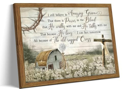 Cross Christian Wall Art Barn Windmill Country Pictures Framed 12x16 Inch - color: Hymn-wood, size: 16"L x 12"W
