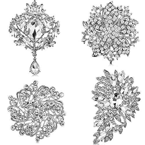 Geyoga 4 Pcs Crystal Rhinestone Brooches for Women Silver Diamond Pins