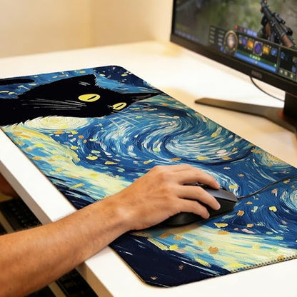 Blue Starry Night Black Cat Mouse Pad,35.4 x 15.7 Inch Large Mouse Mat Non-Slip Rubber Stitched Edges for Writing Desk,Office,Home,Laptop - color: Blue Starry Night Black Cat, size: 35.4L x 15.7W inches