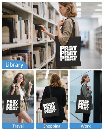 Women's Pray On It Pray Over It Pray Through It Canvas Tote Bag Religious Prayer Christian Gift Reusable Grocery Bag - color: Black