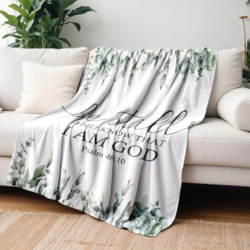 Christian Bible Verse Blanket, Christian Gifts for Women Men, Be Still and Know That I Am God Religious Scripture Throw Blankets for Bedroom Living Room Couch Sofa, 50x60 Inches - color: Green Leaf