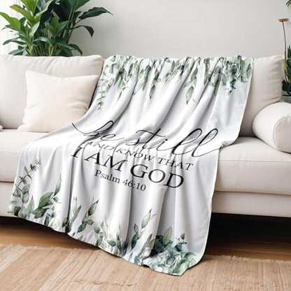Christian Bible Verse Blanket, Christian Gifts for Women Men, Be Still and Know That I Am God Religious Scripture Throw Blankets for Bedroom Living Room Couch Sofa, 50x60 Inches - color: Green Leaf