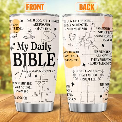 Bible Verse Tumbler with Daily Affirmations for Women, 20oz Stainless Steel Insulated Cup for Christian Faith, Religious Gift for Prayer, Inspirational Scripture Travel Mug - color: Bible Affirmation