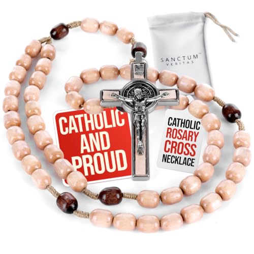 SANCTUM VERITAS Catholic Rosary Necklace | Large Italian Prayer Beads Gift - style: Natural Wood