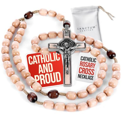 SANCTUM VERITAS Catholic Rosary Necklace | Large Italian Prayer Beads Gift - style: Natural Wood