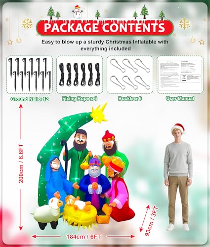 EAONE 7FT Christmas Inflatable Nativity Scene Outdoor Decorations, Christmas Blow Ups Yard Decorations Nativity Sets with 1.5 Meter String Lights for Garden Lawn Xmas Holiday Decor - color: 7 FT Wide Inflatable Nativity Scene