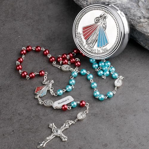 HanlinCC Divine Mercy Catholic Rosary Necklace with Steel Gift Box - color: Silver