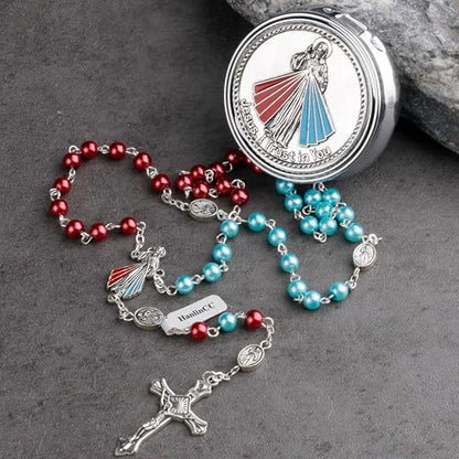 HanlinCC Divine Mercy Catholic Rosary Necklace with Steel Gift Box - color: Silver