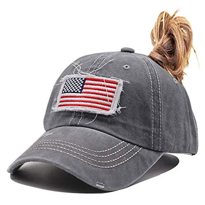 Women American Flag Ponytail Hat, Embroidery Adjustable Washed Distressed Messy Bun Baseball Cap … - color: Us Flag -Gray
