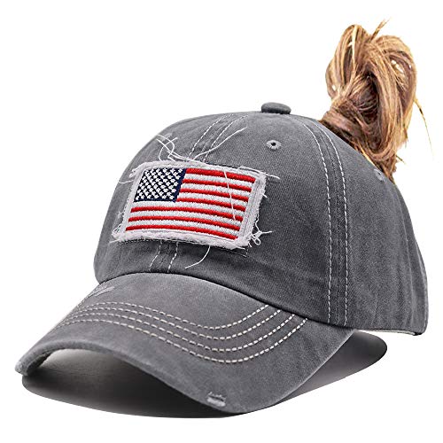 Women American Flag Ponytail Hat, Embroidery Adjustable Washed Distressed Messy Bun Baseball Cap … - color: Us Flag -Gray
