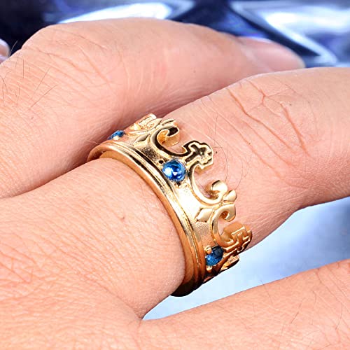 Mens Womens Stainless Steel Vintage Royal King Crown Ring Cross Band Ruby Black Gemstone - color: Gold, blue cz