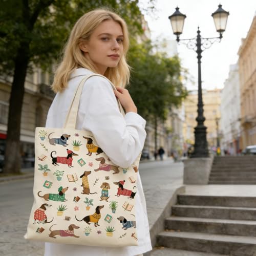 Canvas Tote Bags Reusable Shopping Bag for Women with Zippered Inner Pocket Magnetic Snap Closure - color: Dachshund