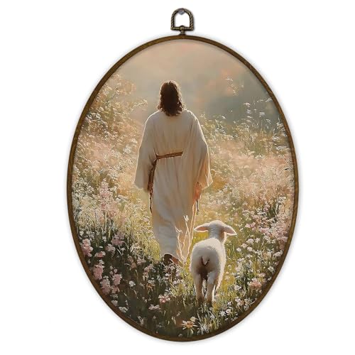 Gnmduw Christian Jesus and Lamb Oval Wall Art Framed, Christian Jesus Leaves the 99 Sheep Canvas Prints Hanging Decor, Easter Religious Wall Decor for Home Prayer Room Living Room, 8.7x11.3 Inch - color: christ9, size: 11.3"L x 8.7"W
