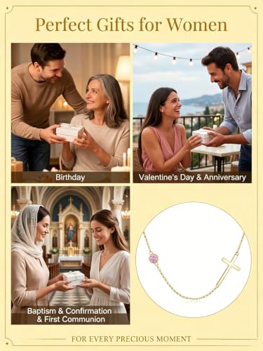 OJK 14K Gold Cross Necklace for Women Sideways Cross Birthstone Jewelry - color: 10-Pink Tourmaline