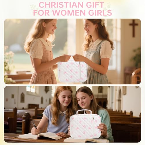 Bible Bag Cover Case for Women Study Supplies Kit Church Book Holder - color: Pink Bow