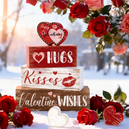 Britimes Tiered Tray Decor Set, 4 Pack, Wooden Table Sign, Heart Kisses - style: Be Mine Gift Valentine
