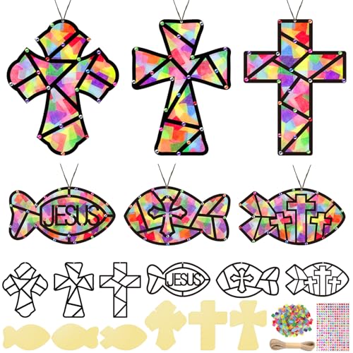 Cinrobiye 24 Set Religious Crafts Kits Christian Cross Fish Tissue Paper Ornaments Window Decorations Arts and Crafts Kits for Home Sunday School Church Jesus VBS Fun Activity Rewards Favor Supplies - style: Cross2