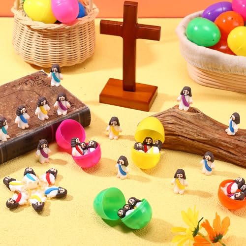 Barydat 120 Pcs Prefilled Jesus Easter Eggs with Little Religious Figurines Resin Toys Miniature Jesus Doll Gifts Eggs for Sunday School Easter Hunt Party Baptism Gift (Original) - style: Original