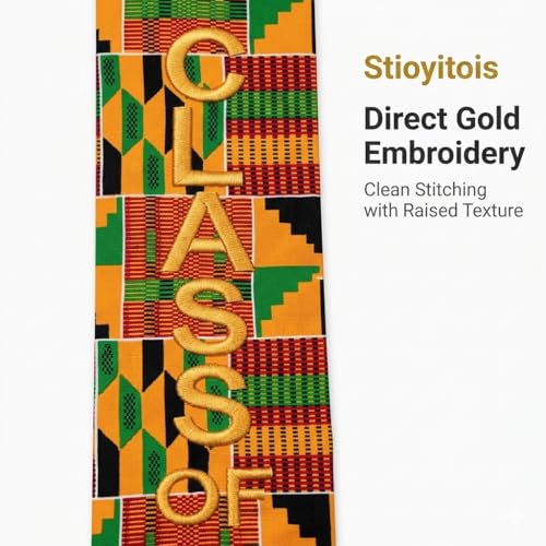 Kente Graduation Stole Class of 2026, 72 x 5.1 in African Print Sash with 3D Gold Embroidery and Gold Fringe - color: C1