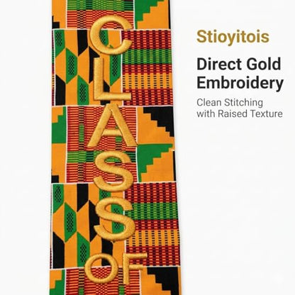 Kente Graduation Stole Class of 2026, 72 x 5.1 in African Print Sash with 3D Gold Embroidery and Gold Fringe - color: C1