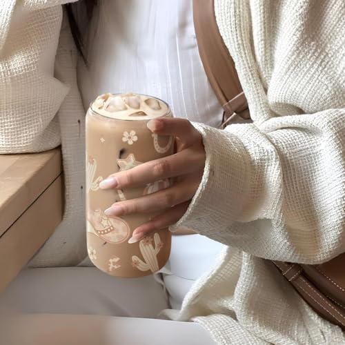 SANDJEST Western Cowgirl 16oz Can Glass Tumbler with Acrylic Lid & Straw, Iced Coffee Cup for Women, Aesthetic Cups Gifts for Birthday Christmas - color: Cowgirl 1