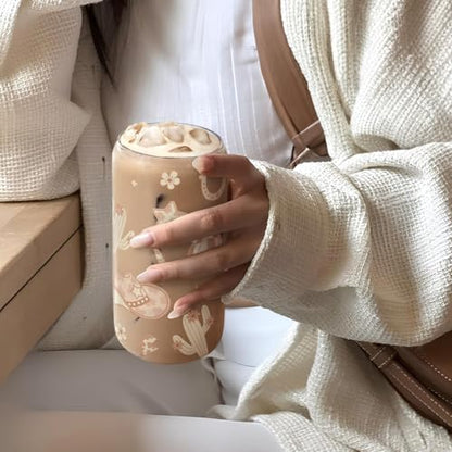 SANDJEST Western Cowgirl 16oz Can Glass Tumbler with Acrylic Lid & Straw, Iced Coffee Cup for Women, Aesthetic Cups Gifts for Birthday Christmas - color: Cowgirl 1