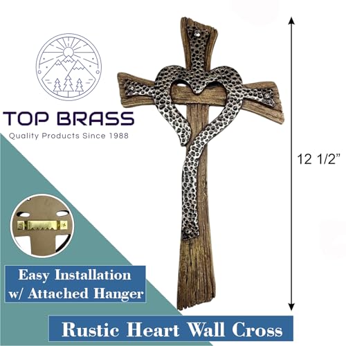 Rustic Resin Heart Cross Wall Decor – 12 1/2” Faux Wood and Hammered Metal Look Religious Wall Cross – Christian Home Decor Symbolizing Love and Faith – Farmhouse Style Wall Hanging Jesus Art Sculpture