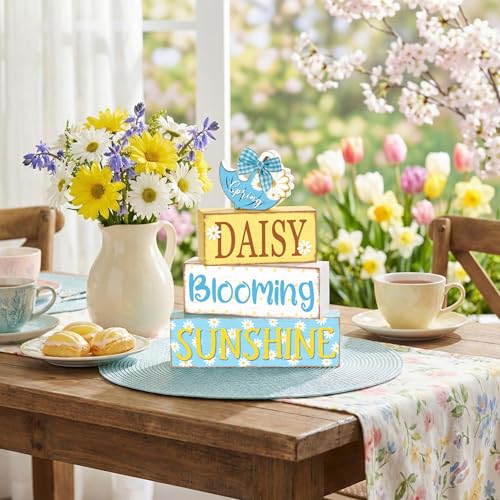 Britimes Tiered Tray Decor Set, 4 Pack, Wooden Table Sign, Daisy Spring - color: Spring Daisy