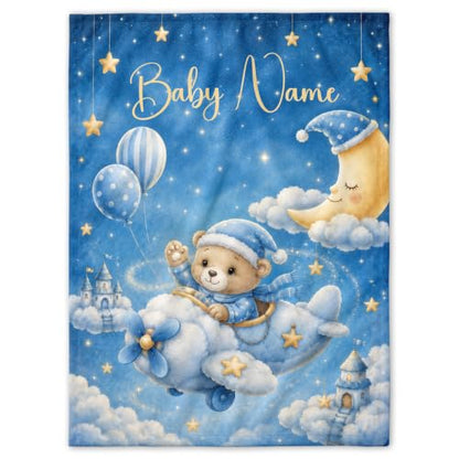 Custom Baby Blanket for Boys, Personalized Baby Blanket with Name for Gift - color: Cute Little Bear - Airplane