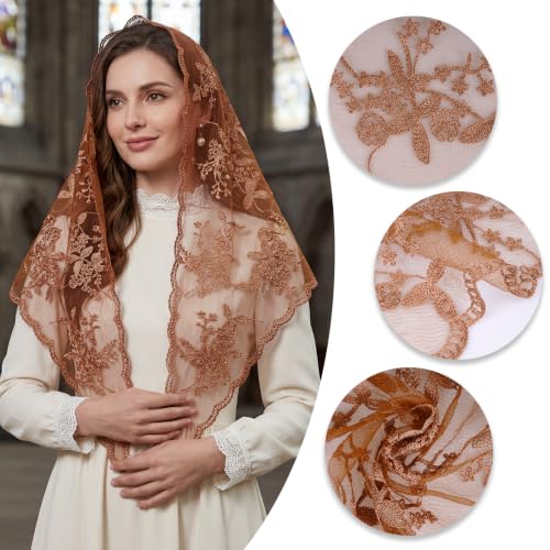 Lystaii Triangle Lace Mantilla Veil Catholic Chapel Head Covering Scarf - color: Brown