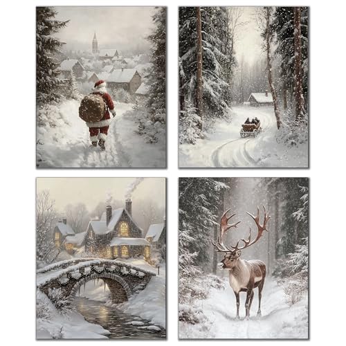 DOFQZ Winter Christmas Wall Art Prints Set of 4, Farmhouse Christmas Decor, Rustic Winter Santa Reindeer Forest Village Landscape Posters for Home Bedroom Living Room Decor, 8x10 Unframed - color: 08Child, size: 8*10