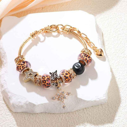 Y2k Charm Bracelet for Women Star Cross 8 Ball Leopard Beaded Bracelet - color: Gold