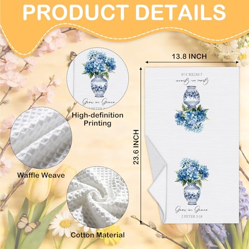 Christian Floral Kitchen Towels, Blue White Porcelain Hydrangea Towel, 06 - color: Blue Spring Hydrangea
