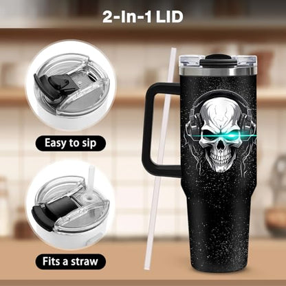 Gaming Tumbler Gifts for Men Teen Kids, 40oz Gamer Insulated Mug, Skull Video Game Controller Stainless Steel Travel Tumbler with Handle Straw, Double Wall Insulated Cup Present for Boys Teenagers - color: Game-D-532-E