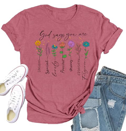 Womens Christian Shirt Bible Verse T-Shirt Religious Gifts Florial Tee Tops - color: Pink, size: XX-Large