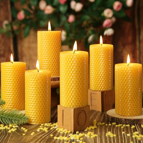 Beeswax Pillar Candles,Non-Toxic Honeycomb Bees Wax Candle for Home,Yellow - color: 2x4in, size: 6pcs