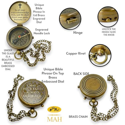 Handmade Religious Brass Compass Gift with Engraved & Embossed Faith Messages – Inspirational Christian Religious Gift Keepsake for Baptism, Confirmation, Christening, First Communion or Christmas - style: May Your Faith – Edition 1