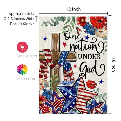 CROWNED BEAUTY 4th of July Garden Flag Patriotic Cross Double Sided 12x18 Inches Small Burlap Holiday Welcome Yard Porch Decoration for Outside CF1829-12
